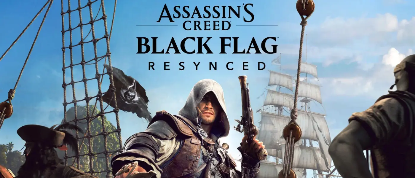 Arte oficial de Assassin's Creed Black Flag Resynced com Edward Kenway armado em um navio pirata